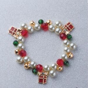 Avon Pearl & Crystal Holiday Charm Bracelet - Red, Green, Gold
